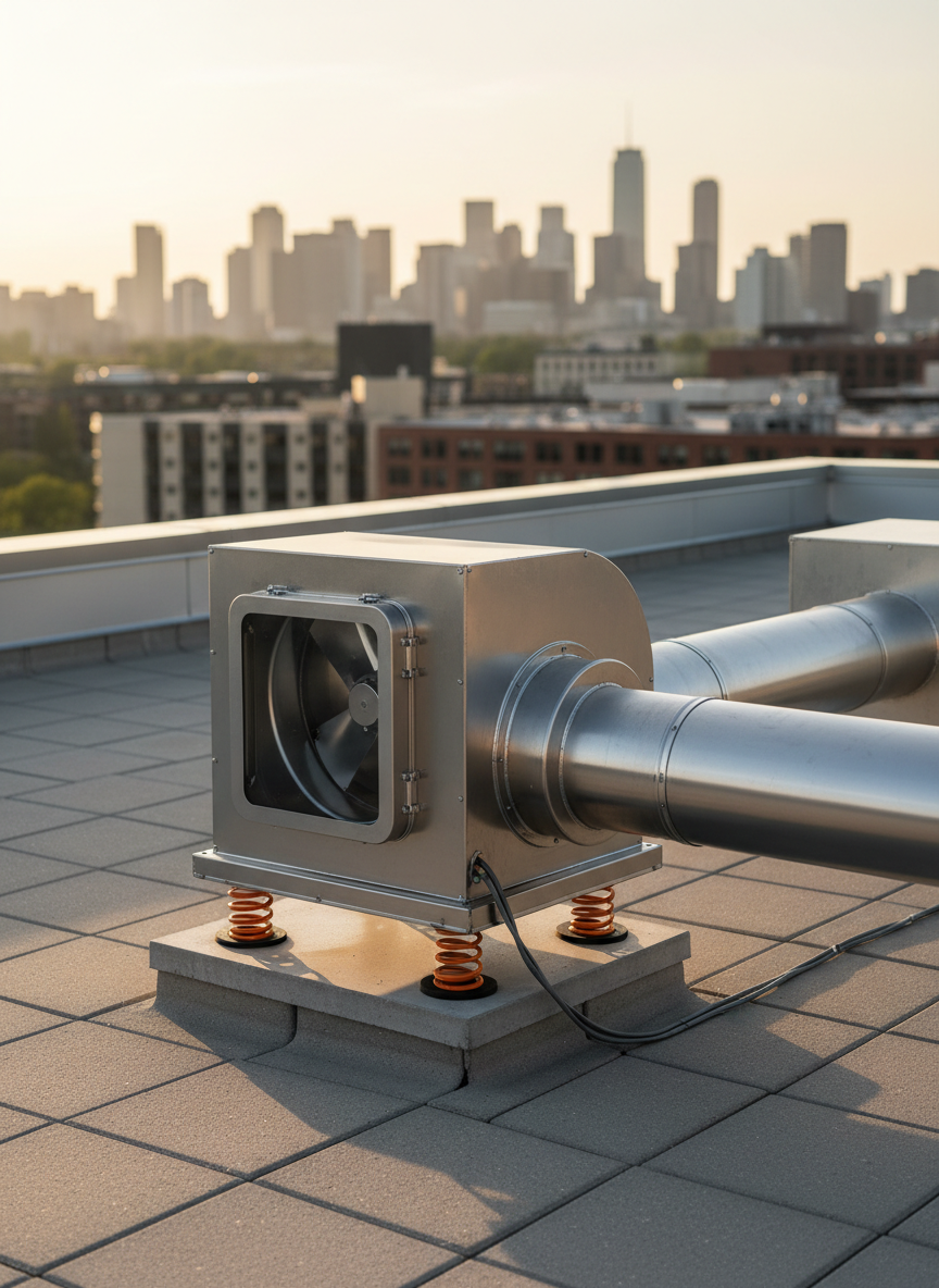 An expansive view of a commercial rooftop with a large, freshly serviced kitchen exhaust fan and duct system, rendered in photographic realism. The fan housing is a clean, matte silver with clear access panels, securely mounted on vibration dampers above a neat curb. The connected ductwork shows no grease leakage or staining. The rooftop surface is dry and orderly, with distant city buildings softly blurred in the background. Late afternoon natural light casts gentle, directional shadows, defining the shapes of the equipment. Captured from a slightly elevated angle with sharp focus throughout, the composition feels professional, safe, and technically precise, ideal for conveying thorough, code-compliant exhaust maintenance.